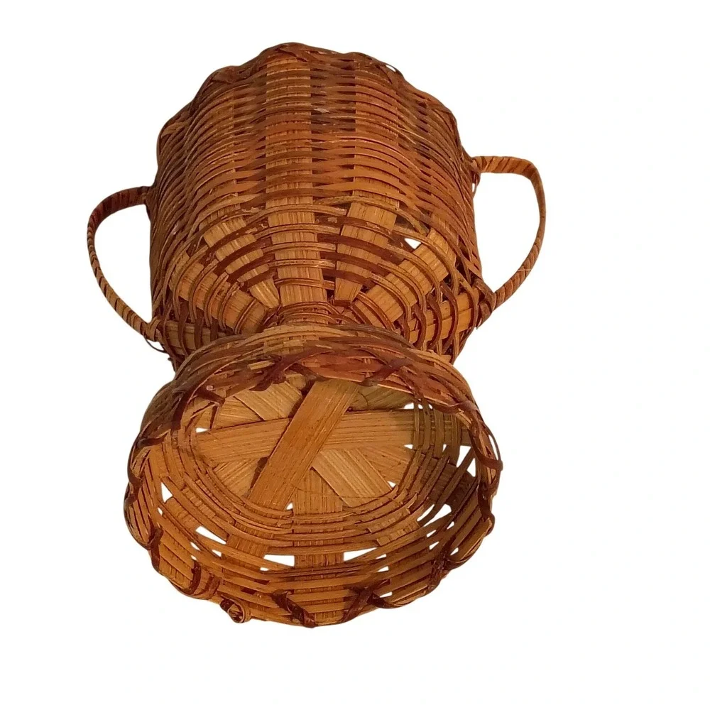 Vintage Woven Wicker Trophy Basket Chalice Urn Pedestal Planter Boho Decor Brown